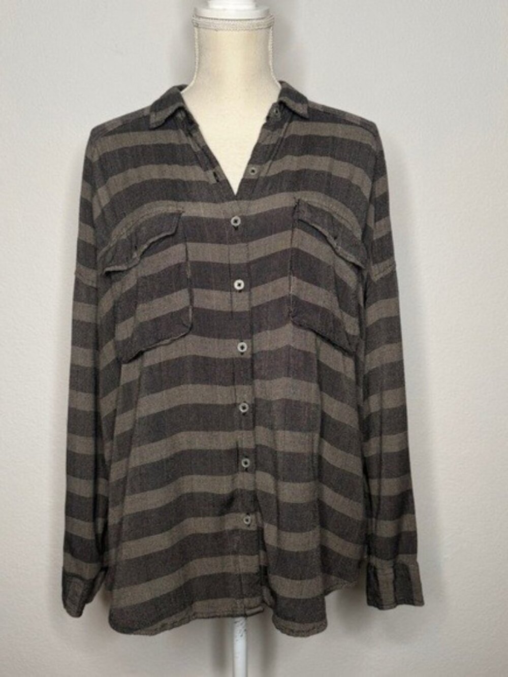 Free People Rayon Fawn Over You Button Down Stripe Long Sleeve Shirt Black S